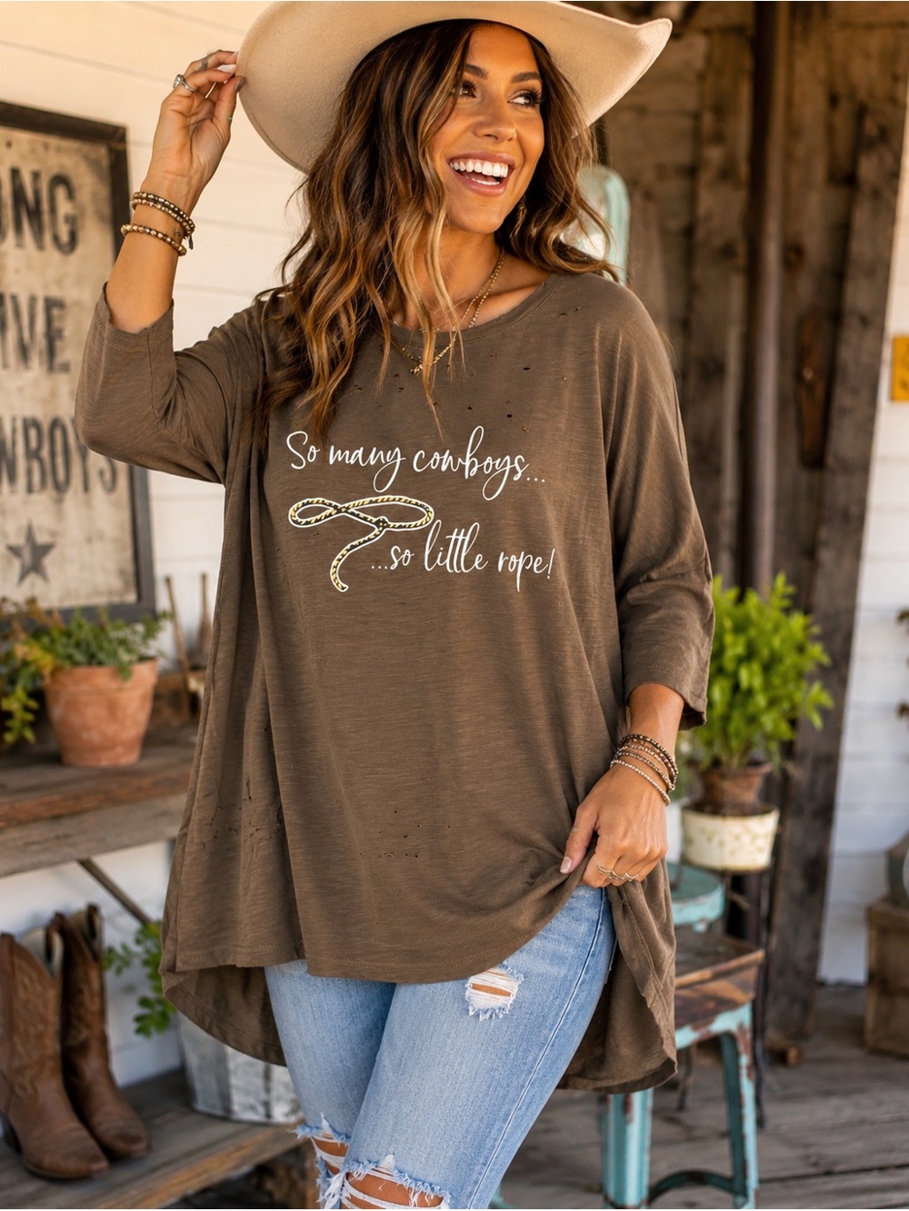 So Many Cowboys Brown Short Sleeve Graphic Tee New With Boutique Tag